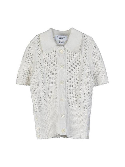 Women's Cotton Pointelle Cable Knit Short Sleeve Cardigan White - THOM BROWNE - BALAAN.