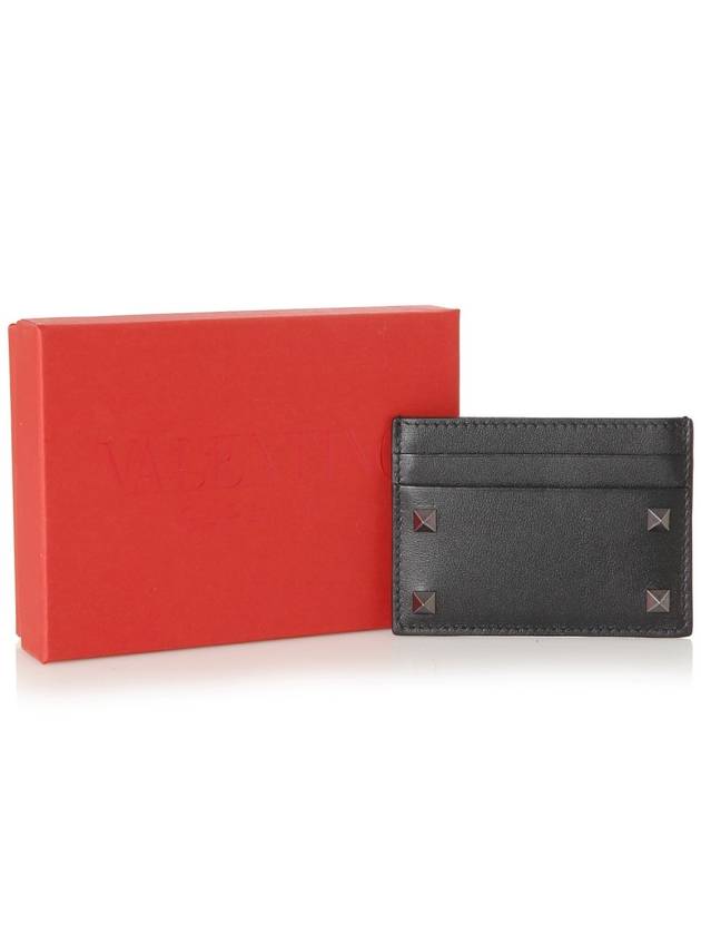 Rockstud Leather Card Wallet Black - VALENTINO - BALAAN.