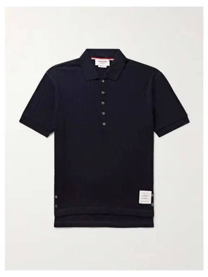 RWB Button Ribbed Polo Wool Knit Top Navy - THOM BROWNE - BALAAN 2