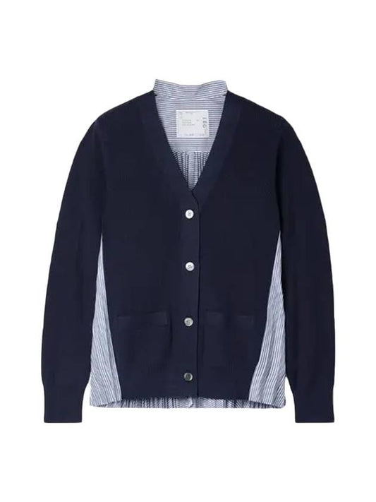 V-neck Pleated Panel Wool Knit Cardigan Navy - SACAI - BALAAN 1