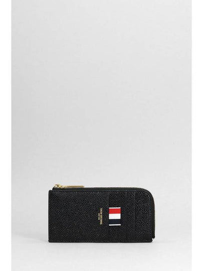 Stripe Zip Around Pebble Grain Leather Card Wallet Black - THOM BROWNE - BALAAN 2