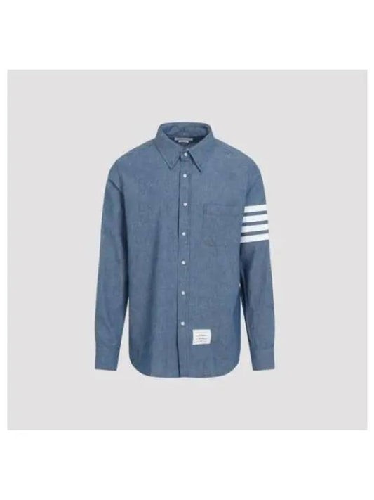 Men's Diagonal Shambray Print Name tag Straight Fit Long Sleeve Shirt Blue - THOM BROWNE - BALAAN 2