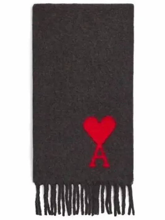 Heart Logo Oversized Wool Fringe Scarf Dark Grey - AMI - BALAAN 2