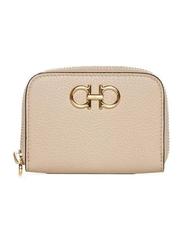 Women's Gancini Logo Zipper Card Wallet Beige - SALVATORE FERRAGAMO - BALAAN 1