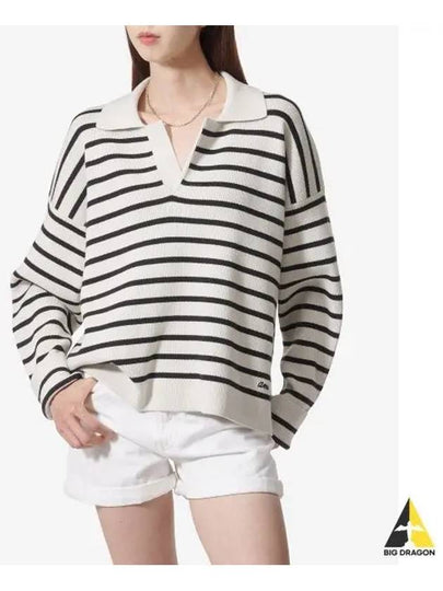 Embroidery Logo Sailor Stripe Polo Knit Top Black White - AMI - BALAAN 2