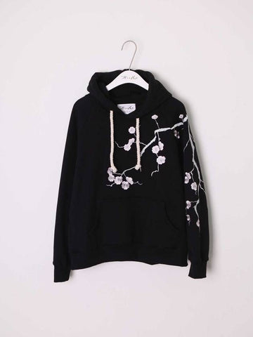 Cherry Blossom Embroidery Raglan Napping Hoodie Black - ASIHA - BALAAN 1