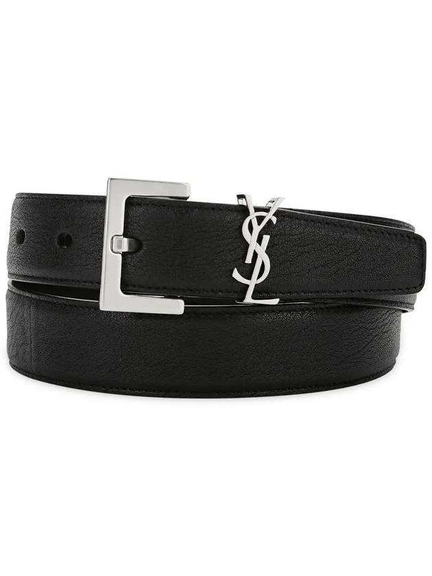 Silver Hardware Monogram Buckle Leather Belt Black - SAINT LAURENT - BALAAN 4