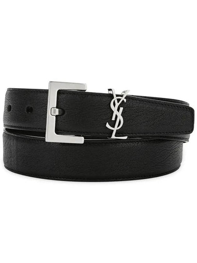 Silver Hardware Monogram Buckle Leather Belt Black - SAINT LAURENT - BALAAN 2