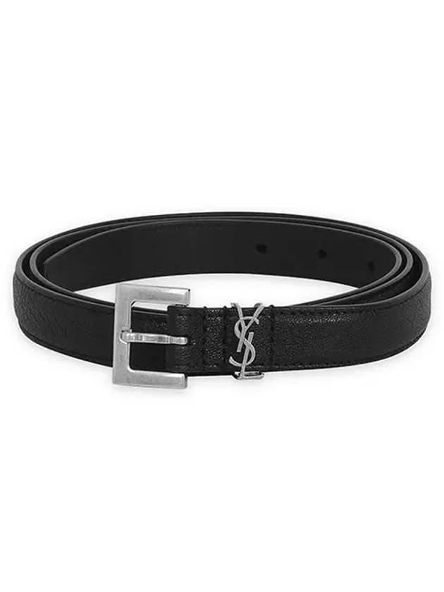 Men's Monogram Silver Buckle Leather Belt Black - SAINT LAURENT - BALAAN 3