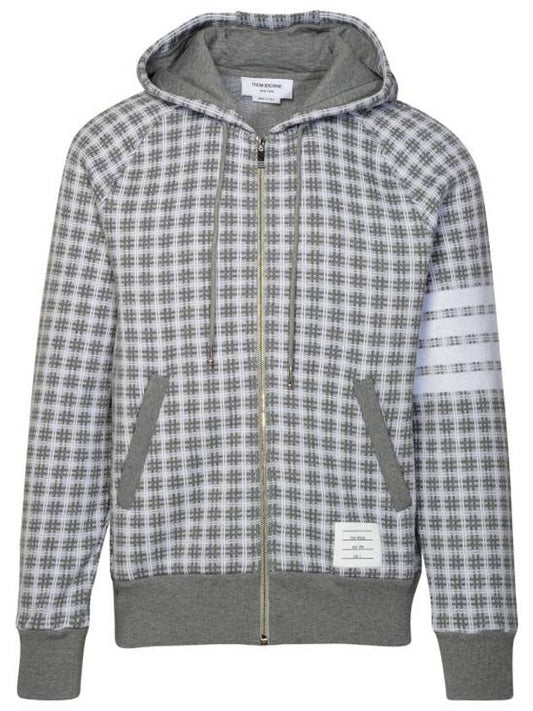 Cotton Check Jacquard 4-Bar Zip-Up Hoodie Grey - THOM BROWNE - BALAAN 1