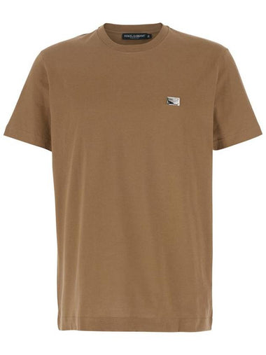 Beige Crewneck T-Shirt With Logo Patch On The Front In Cotton Man - DOLCE&GABBANA - BALAAN 1