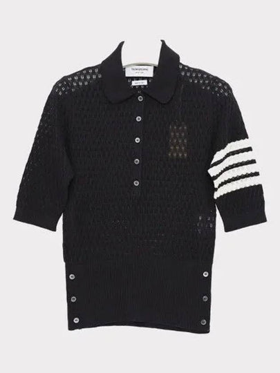 4 Bar Stripe Pointelle Knit Short Sleeve Polo Shirt Navy - THOM BROWNE - BALAAN 2