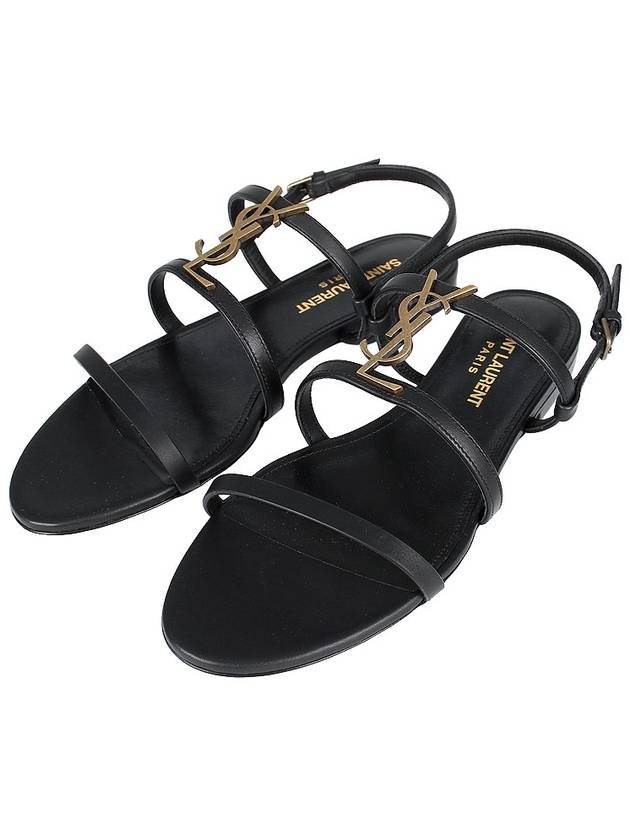 Women's Smooth Leather Gold Tone Monogram Detail Cassandra Flat Sandals Black - SAINT LAURENT - BALAAN 3