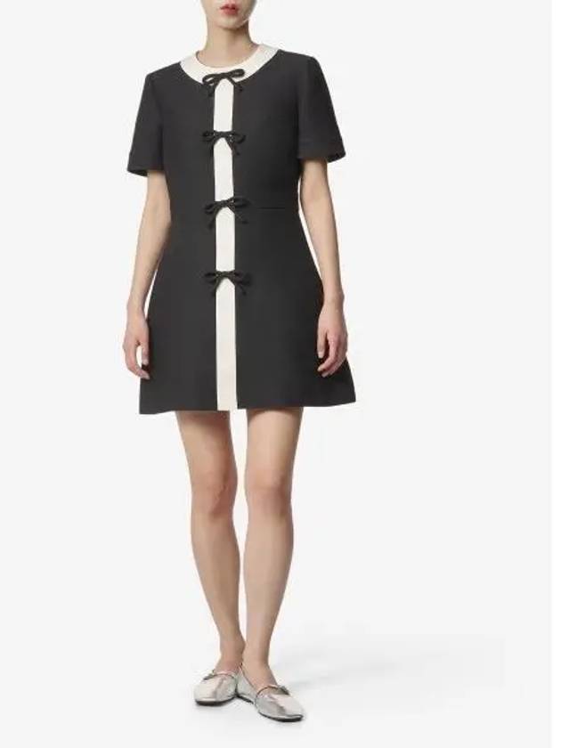 Women's Bow Detailed Two Tone Short Dress Nero - VALENTINO - BALAAN 2