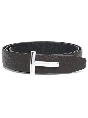 Silver Hardware T Logo Reversible Leather Belt Brown - TOM FORD - BALAAN 1