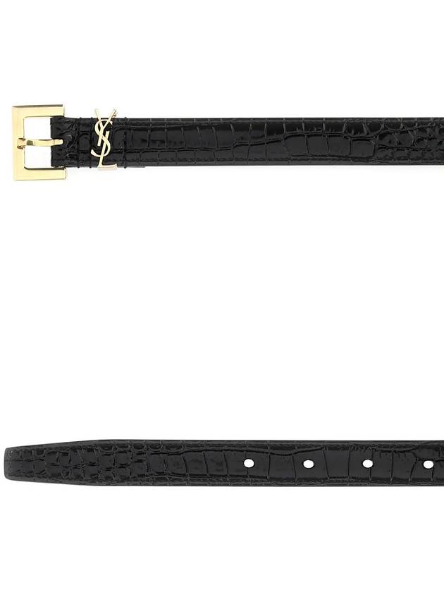 Monogram Square Buckle Crocadile Embossed Thin Leather Belt Black - SAINT LAURENT - BALAAN.