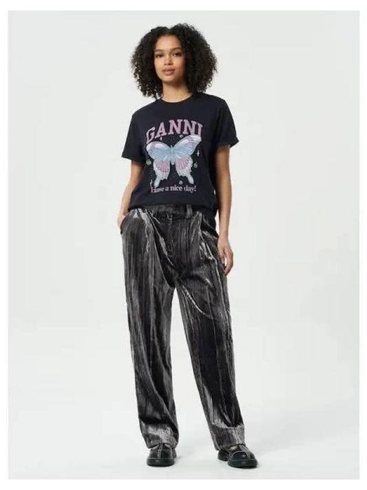 Striped velvet relaxed fit pleated pants ash domestic product GM0024022605645 - GANNI - BALAAN 1