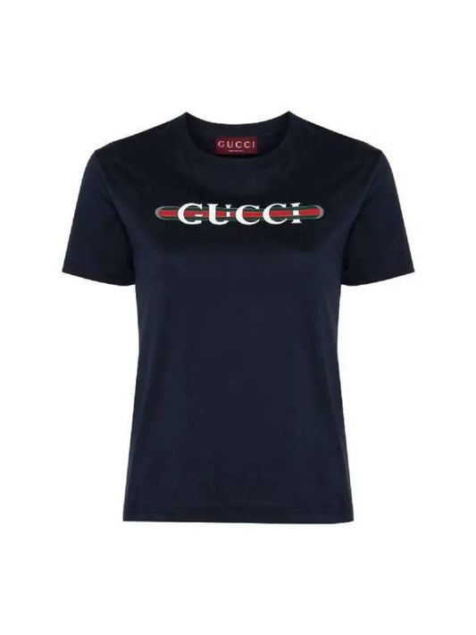 Cotton Web Print Short Sleeve T-Shirt Navy - GUCCI - BALAAN 2