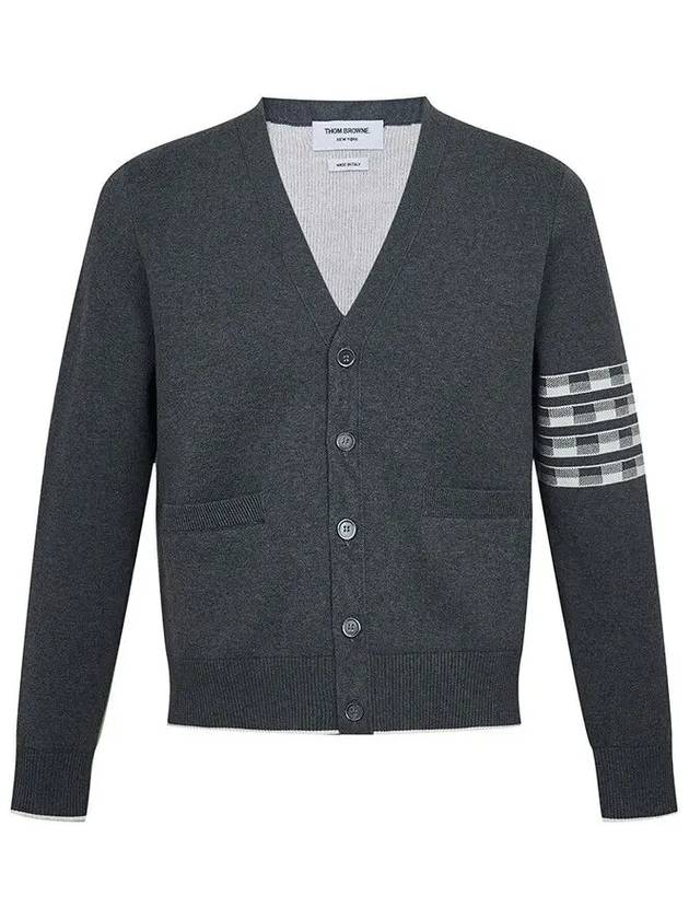 4-Bar V-Neck Hector Jacquard Cotton Cardigan Grey - THOM BROWNE - BALAAN 2