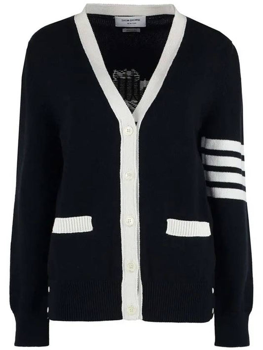 Cotton Jersey Flower 4 Bar V Neck Cardigan Navy - THOM BROWNE - BALAAN 2