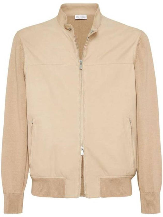 Knitted Sleeves Leather Jacket Beige - BRUNELLO CUCINELLI - BALAAN 1