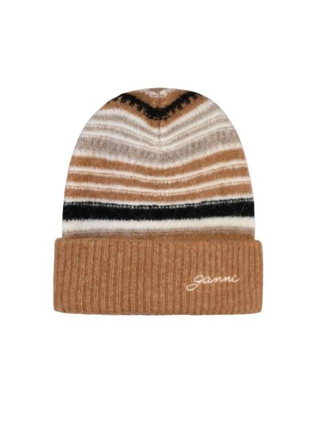 Logo Striped Beanie Brown - GANNI - BALAAN 1