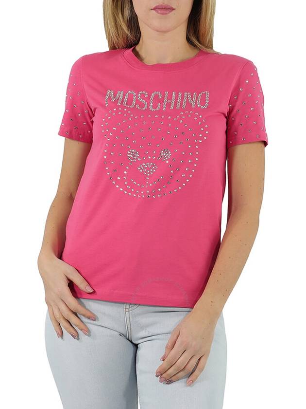 Moschino Ladies Fantasy Print Fucsia Teddy Crystal Logo Cotton T-shirt, Brand Size 36 (US Size 2) - MOSCHINO - BALAAN 1