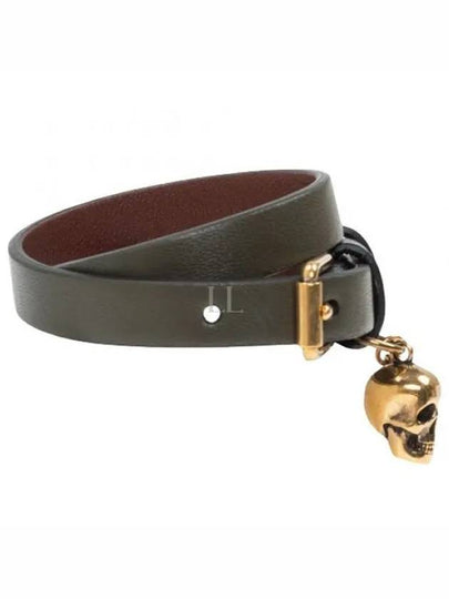 Women's Skull Double Leather Bracelet Khaki - ALEXANDER MCQUEEN - BALAAN 2