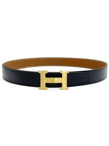 Men's Reversible H Belt 95 Black Camel Gold Matte Gold W Engraved 4HA0534 - HERMES - BALAAN 1