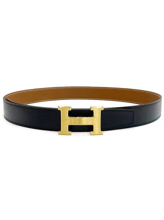 Men's Reversible H Belt 95 Black Camel Gold Matte Gold W Engraved 4HA0534 - HERMES - BALAAN 1