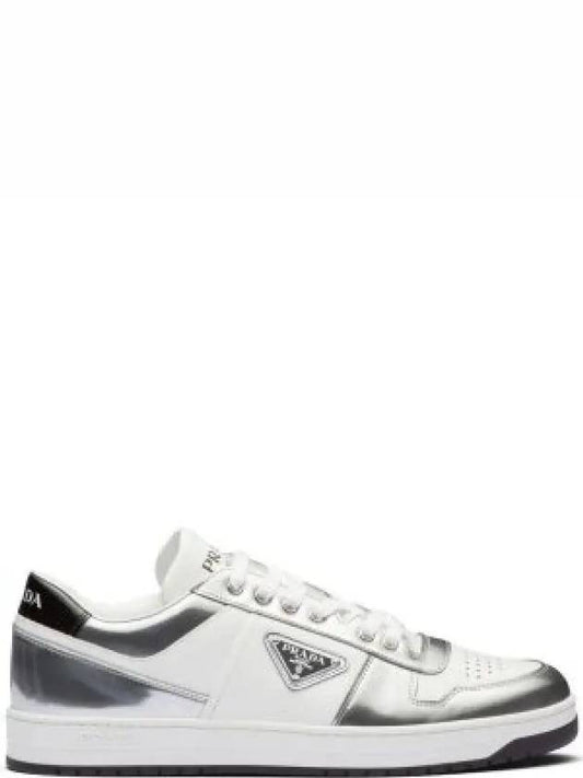 Men's Downtown Enamel Metal Triangle Logo Leather Sneakers White Silver - PRADA - BALAAN 2