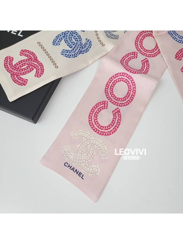 Cambon CC Logo COCO Silk Twilly Bandeau Petite Scarf Cream Pink AA9674 - CHANEL - BALAAN 5