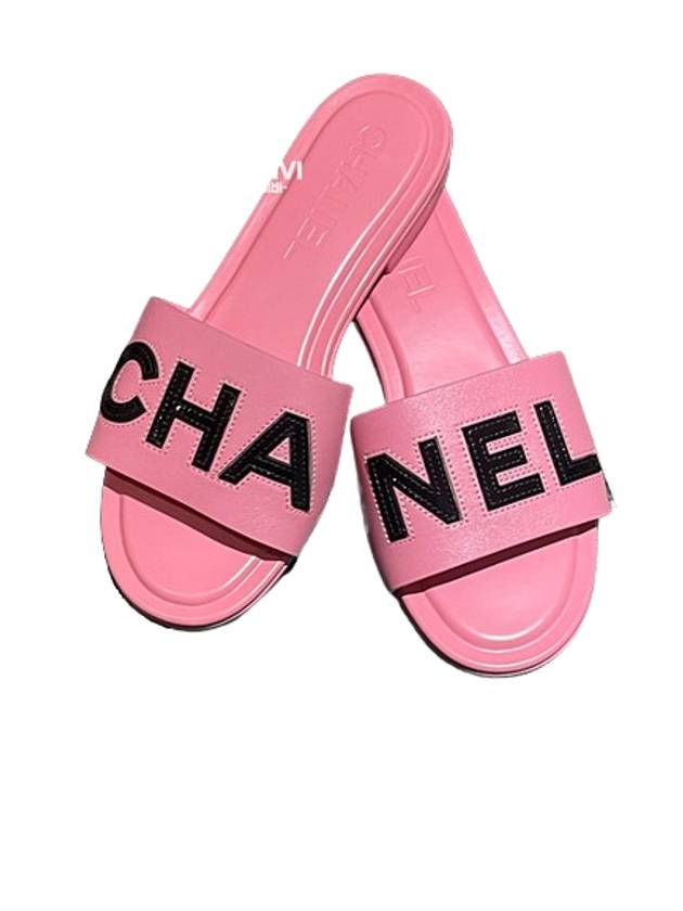 Stitched Lettering Logo Slippers Slide Sandals Pink 36 5 G39988 - CHANEL - BALAAN 1