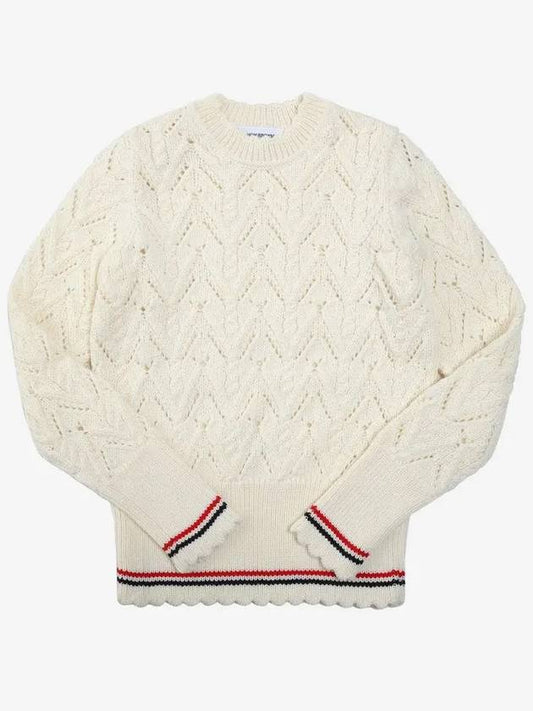 Women's Pointel Cable Merino Wool Pullover Knit Top White - THOM BROWNE - BALAAN 2