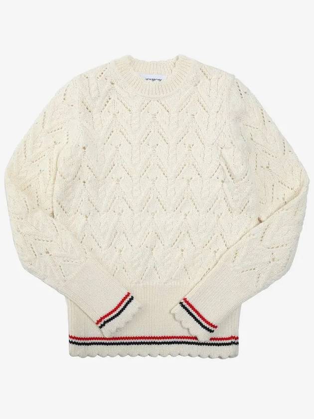 Women's Pointel Cable Merino Wool Pullover Knit Top White - THOM BROWNE - BALAAN 3