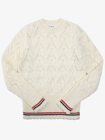 Women's Pointel Cable Merino Wool Pullover Knit Top White - THOM BROWNE - BALAAN 2