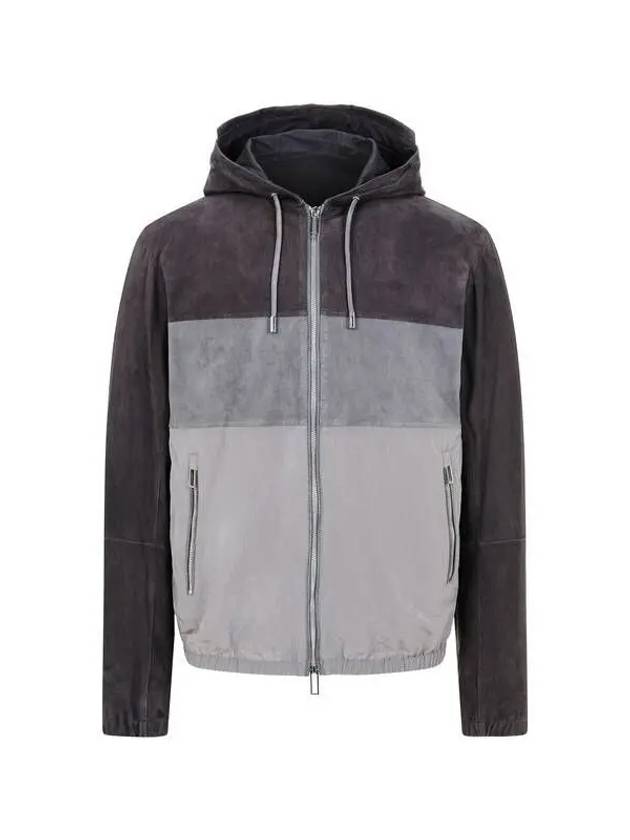 Men s Color Block Leather Hooded Jacket Charcoal 270056 - EMPORIO ARMANI - BALAAN 1