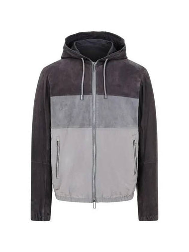 Men s Color Block Leather Hooded Jacket Charcoal 270056 - EMPORIO ARMANI - BALAAN 1