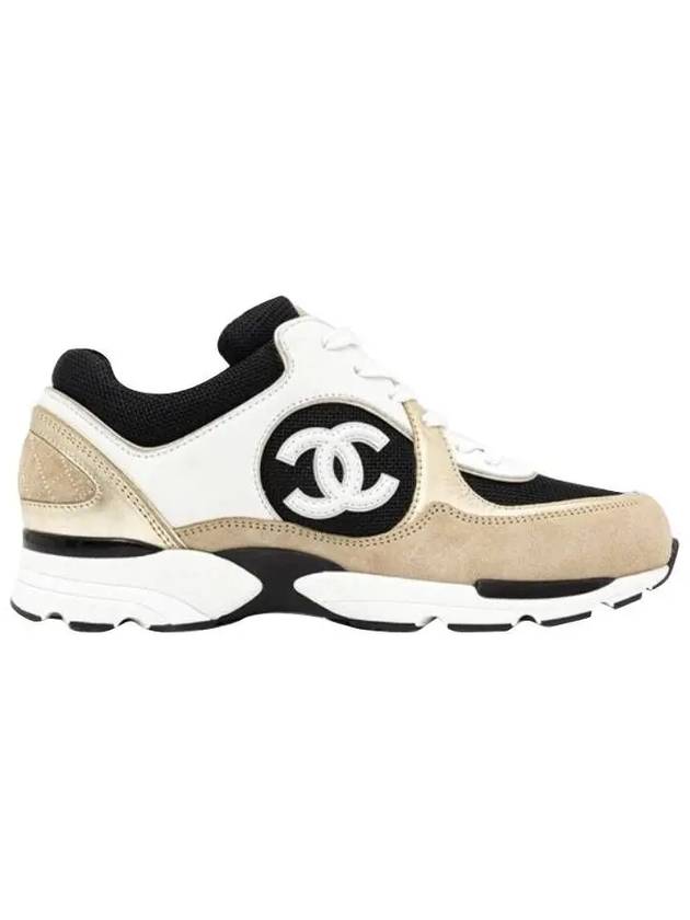 CC Logo Calfskin Fabric Low-Top Sneakers Beige Gold - CHANEL - BALAAN 4