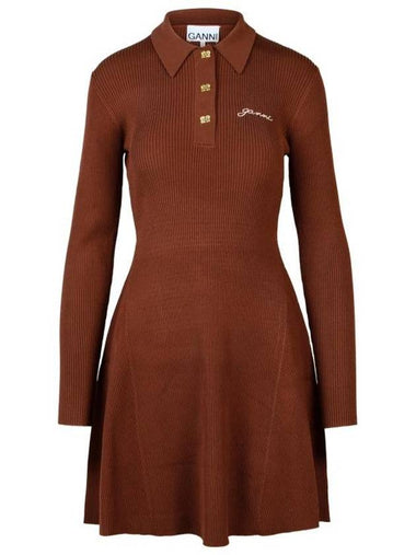 Future Viscose Rib Long Sleeve Short Dress Madder Brown - GANNI - BALAAN 1