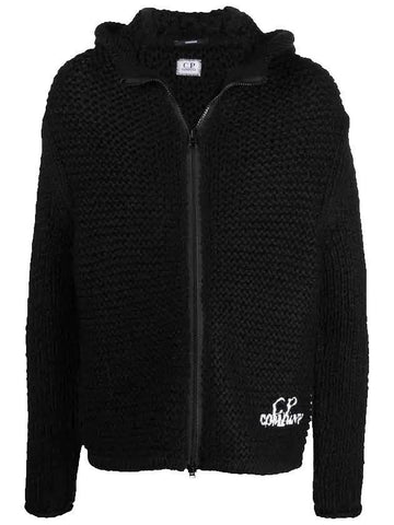 Embroidered Logo Waffle Hooded Jacket Black - CP COMPANY - BALAAN 1