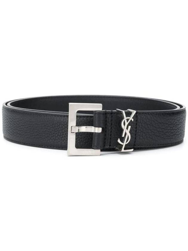 Grained Leather Silver Monogram Belt Black - SAINT LAURENT - BALAAN 4