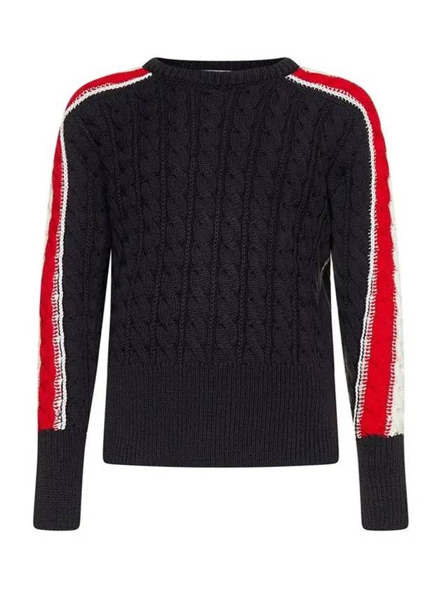 Men's Three Stripes Merino Wool Cable Knit Top Navy - THOM BROWNE - BALAAN 2