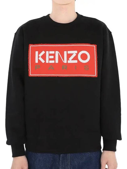 Paris Logo Patch Print Round Neck Cotton Sweatshirt Black - KENZO - BALAAN 2