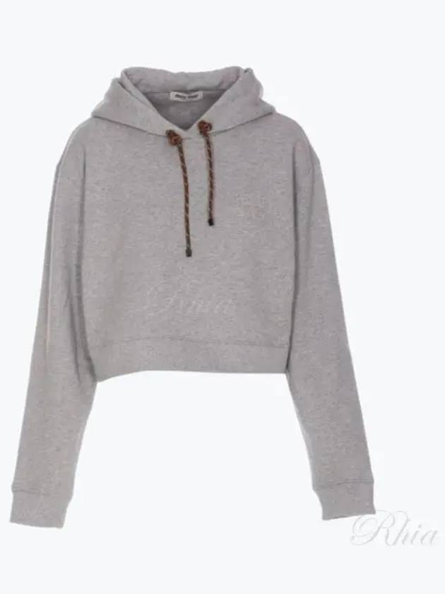 Logo Drawstring Crop Cotton Hoodie Grey - MIU MIU - BALAAN 2