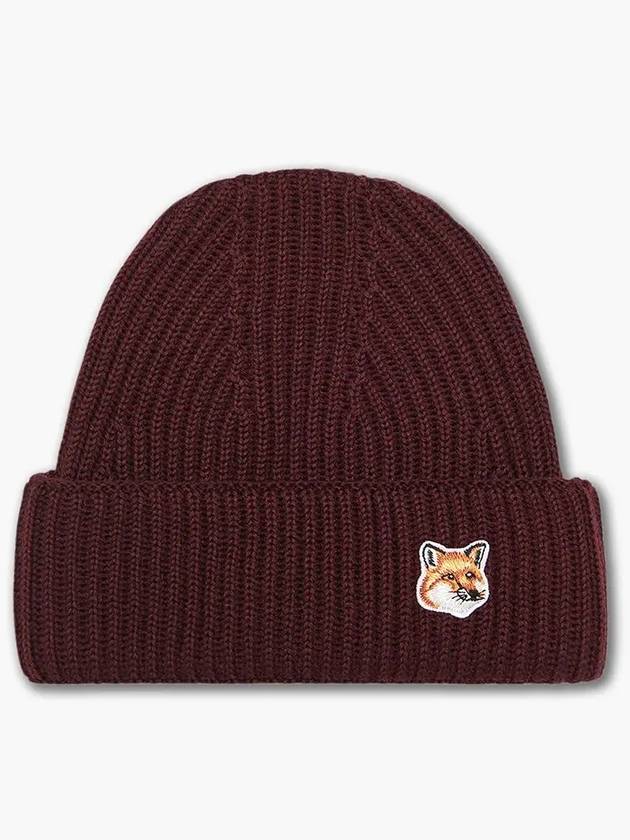 Fox Head Patch Ribbed Beanie Wine Lees - MAISON KITSUNE - BALAAN 7