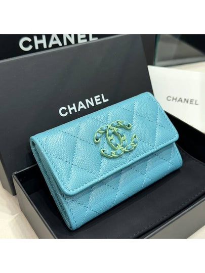 Wallet New Logo Cavier Skin Sky Blue CC - CHANEL - BALAAN 2