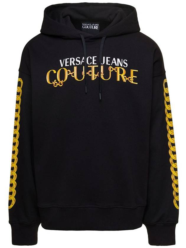 Hoodie With Printed Logo And Chain Motif In Black Cotton Man - VERSACE - BALAAN 1