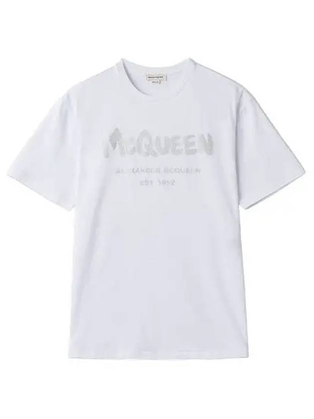 Logo Print Short Sleeve T Shirt White Silver - ALEXANDER MCQUEEN - BALAAN 1