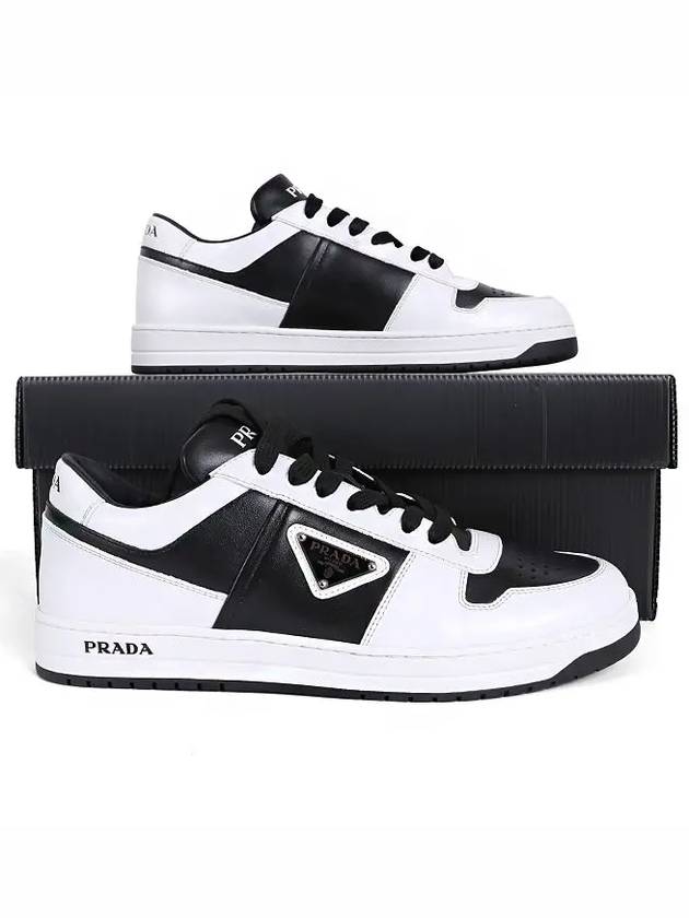 Men's Downtown Triangle Logo Leather Low Top Sneakers Black White - PRADA - BALAAN 10